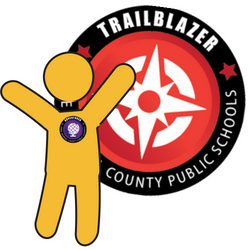 Yellow icon standing next to a red Trailblazer Micro-Credential Badge 